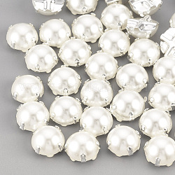 ABS Kunststoff Nachahmung Perlenschaft Knöpfe, mit Messing-Zubehör, Halbrund, creme-weiß, silberfarben plattiert, 7x7x4.5 mm, Bohrung: 1 mm
