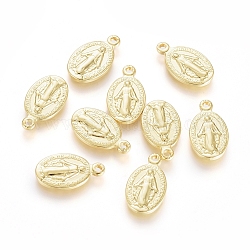 Breloques en laiton, Plaqué longue durée, médaille miraculeuse, ovale avec la Vierge Marie, véritable 18k plaqué or, 14x8x1.5mm, Trou: 1.2mm