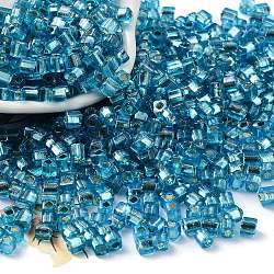 Perles de rocaille en verre, Argenté, carrée, Dodger bleu, 3~4x3x3mm, Trou: 1.2mm, environ 6300 pcs / livre