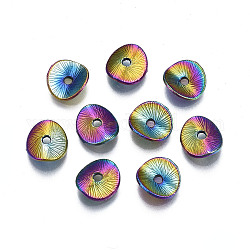 Perlas de aleación de color arco iris chapado en estante, Sin cadmio y níque y plomo, textura, redondo plano curvado, 9x8x3mm, agujero: 1.4 mm