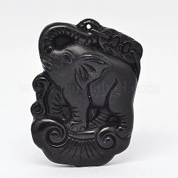 Pendentifs grand camée d'obsidienne naturelle, bijoux pendentifs chinoiserie, éléphant, 53~55x37~39x10~12mm, Trou: 2mm