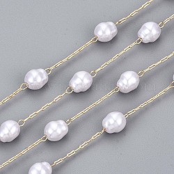 Cadenas de perlas de imitación de plástico abs hechas a mano, para collares pulseras decisiones, con cadenas de clip de latón, Plateado de larga duración, soldada, la luz de oro, blanco cremoso, link: 3x1x0.4 mm, óvalo: 1/4x1/4 pulgada (7.5x6.5 mm, link: 3x1x0.4 mm, ovalada: 7.5x6.5 mm