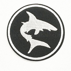 Tela de bordado computarizada para planchar / coser parches, accesorios de vestuario, apliques, plano redondo con tiburón, en blanco y negro, 78mm