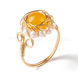 Anillo de dedo de jade natural de malasia para niña mujer, anillo de perlas de concha redonda, anillo de alambre de latón, dorado, nosotros tamaño 7 3/4 (17.9 mm)