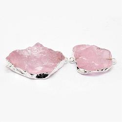 Conectores de enlaces de cristal de cuarzo rosa natural de Madagascar, pepitas, con los fornituras de graves, color plateado, 32~42x24~28x9mm, agujero: 2 mm