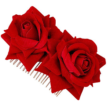CRASPIRE Red Rose Hair Comb Flower Hairpin Rose Brooch Floral Hair Clip for Bridal Hair Comb Bridesmaid Wedding Women Handmade Flamenco Dancer Hair Accessories OHAR-CP0001-01A