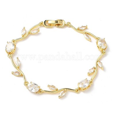 Браслеты-цепочки из латуни с микропаве из кубических цирконий овальной и листовой формы для женщин BJEW-G764-05G-02-1
