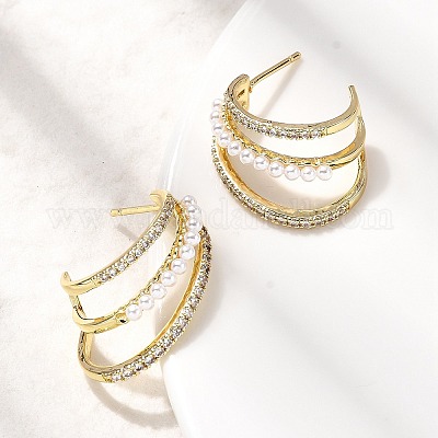 Серьги-гвоздики в форме буквы С из латуни с микропаве из прозрачных кубических цирконий EJEW-P322-10G-1