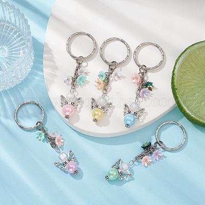 花の不透明樹脂チャーム付きエンジェルアクリルビーズキーホルダー