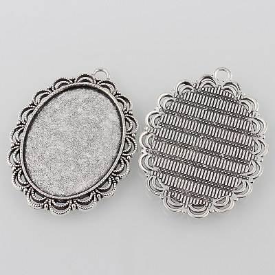 Тибетский стиль старинное серебро литые сеттинги кабошон плоский овал подвесные TIBEP-M022-58AS-1