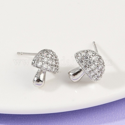 Серьги-гвоздики из латуни с микропаве из прозрачных кубических цирконий в форме гриба EJEW-F895-17P-1