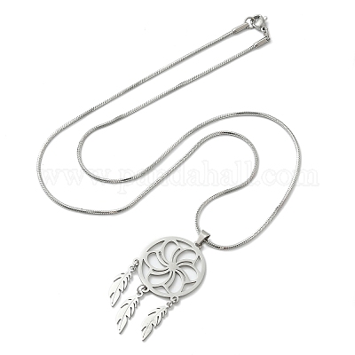 Ожерелья из цветочной плетеной сетки/паутинки из нержавеющей стали Bohemian 201 с подвесками в виде перьев NJEW-P327-07P-B-1