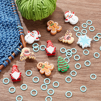 62 шт. 7 стиля силиконовых бусин с рождественской тематикой и 50 шт. пластиковых колец-маркеров для вязания SIL-BC0001-07-1