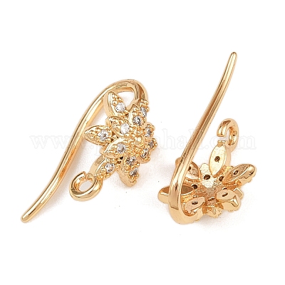 Крючки для сережек-цветков из латуни с микропаве из прозрачных кубических цирконий KK-A274-16G-1