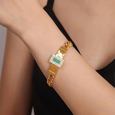 Браслет с прямоугольными звеньями зеленого цвета из синтетической бирюзы и циркония BJEW-Q775-05G-1