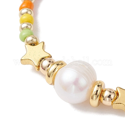 Браслет из натурального жемчуга и нержавеющей стали 201 со звездой и бисером BJEW-JB10118-01-1