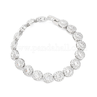 Браслеты-цепочки с плоскими круглыми звеньями из латуни и прозрачного кубического циркония для женщин BJEW-A034-01P-1