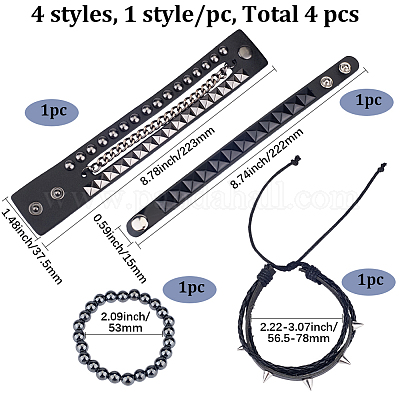 4 шт. 4 стиля панк-стиль гематитовые круглые тянущиеся браслеты и заклепочные браслеты с плетеными бисером из сплава браслеты и браслеты из искусственной кожи для мужчин и женщин BJEW-WH20002-09A-1