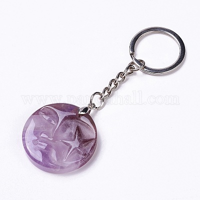 Плоский круглый брелок с подвеской из натурального драгоценного камня с луной и звездой G-G993-01P-1