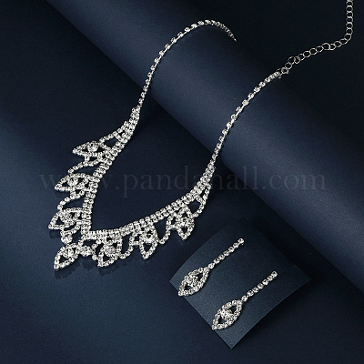 Ожерелья с подвесками и серьги-гвоздики из листовой латуни с прозрачными кубическими цирконами и стразами FS-WG35E42-01-1