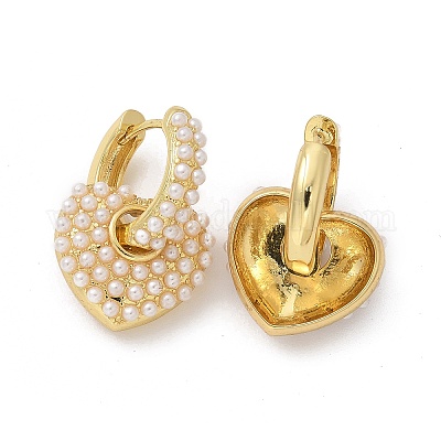 Серьги-кольца из латуни с покрытием стойки с подвесками в виде сердечек из АБС-пластика EJEW-R152-06G-1