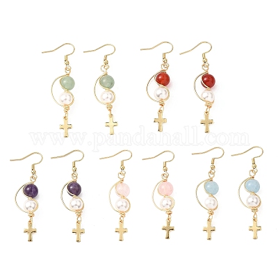 Серьги-крестики с ракушечным жемчугом EJEW-JE06706-1