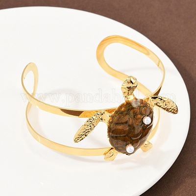 Браслеты-манжеты из нержавеющей стали 304 с эмалью в виде черепахи для женщин BJEW-A049-04C-G-1