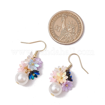 Серьги-подвески из искусственного жемчуга в форме цветка из АБС-пластика EJEW-JE06376-1