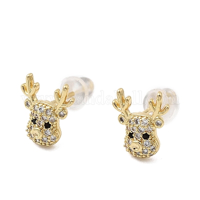 Серьги-гвоздики с оленями из латуни с микропаве из прозрачных кубических цирконий EJEW-A146-03G-1