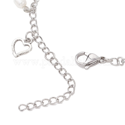 Браслеты на ногу из натурального черного агата (окрашенного и нагретого) с натуральным жемчугом и нержавеющей сталью 304 с цепочкой-кисточкой в форме сердца AJEW-AN00697-1