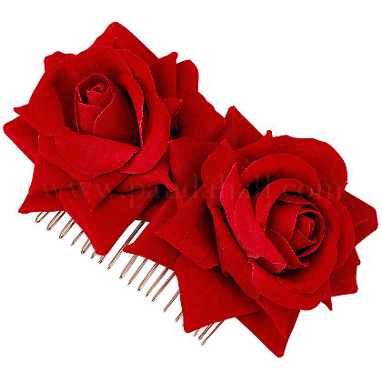 Craspire rote Rose Haarkamm Blumenhaarnadel Rosenbrosche Blumenhaarspange für Brauthaarkamm Brautjungfer Hochzeit Frauen handgefertigte Flamenco-Tänzerin Haarschmuck OHAR-CP0001-01A-1