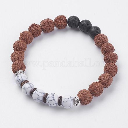 Natural Lava Rock & Wood Beads & Coconut Stretch Bracelets BJEW-I241-03H-1