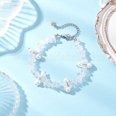 Браслеты из круглых бусин из натурального кварцевого кристалла и стеклянных ракушек BJEW-JB12303-01-1