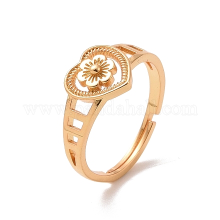 Messingherz mit Blume verstellbarer Ring für Frauen RJEW-P034-06G-1