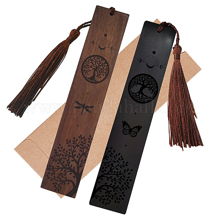 CRASPIRE Wood Bookmark 2 Colors Tree of Life Engraved Book Mark Gifts Butterfly Bookmarks with Tassel Pendant for Book Lovers Teacher Students AJEW-CP0001-78D-1