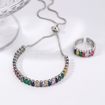 Шикарные прямоугольные браслеты-слайдеры из латуни со стразами и комплекты колец-манжет для повседневной носки VC3129-3-1