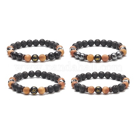 4 pièces 4 styles de pierres précieuses mélangées naturelles et synthétiques et de noix de coco ensemble de bracelets extensibles perlés ronds BJEW-JB09155-1