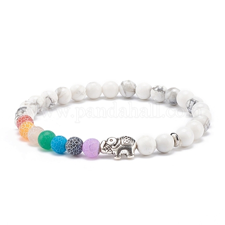 Bracciale elasticizzato con perline tonde in howlite naturale e agata con elefante in lega BJEW-JB08364-01-1