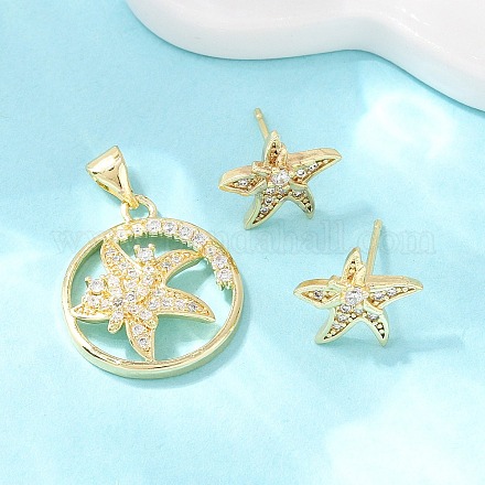 Комплект из латунного кулона и серег-гвоздиков с микропаве из кубических цирконий для женщин SJEW-F227-01D-G-1