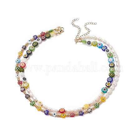 2 pz 2 stili fatti a mano in vetro millefiori e perle naturali e semi di vetro collane di perline set per le donne NJEW-JN04185-1