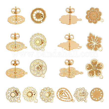 UNICRAFTALE 24pcs 12 Styles Golden Stud Earring Findings 304 Stainless Steel Ear Stud Component with Loop Butterfly Stoppers 0.7mm Pin Mixed Shapes Earring for Jewelry Making STAS-UN0003-01G-1