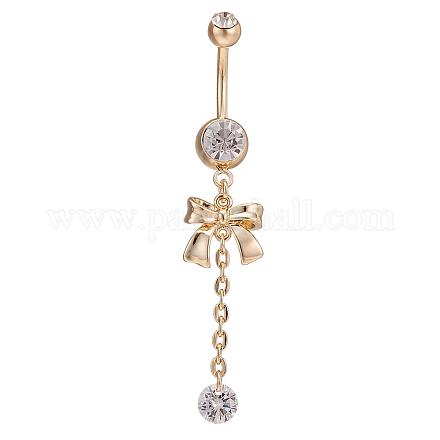Piercing Jewelry Real 18K Gold Plated Brass Rhinestone Bowknot Navel Ring Belly Rings AJEW-EE0001-67-1