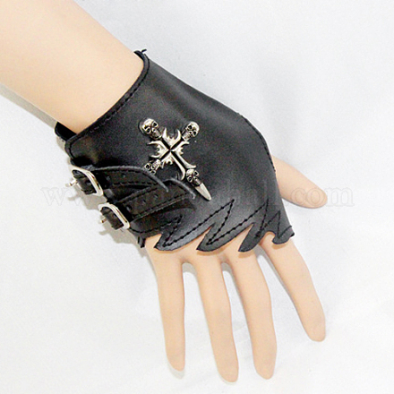 Left Side Punk Leather Cross with Skull Glove AJEW-O016-A01L-1