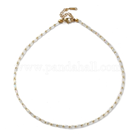 Ovales Glas und 201 Perlenkette aus Edelstahl NJEW-Z029-01A-1