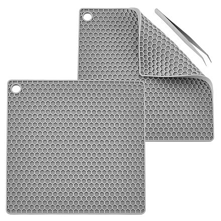 GORGECRAFT 2Pcs Silicone Doming Square Mats Heat Resistant Synthetic Rubber Honeycomb Gray Pads with 2Pcs Stainless Beading Tweezer for DIY Jewelry Making Crafts Supplies (Gray) AJEW-GF0006-27-1