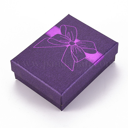 厚紙のネックレスまたはブレスレットの箱  内部のスポンジ  長方形  ちょう結びの模様  暗紫色  9.1x6.9x3.15cm CBOX-T003-02E-1