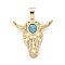 Brass and Synthetic Turquoise Pendants, Cattle Head, Real 18K Gold Plated, 36x35.5x8~8.5mm, Hole: 9.5x6mm