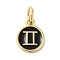 Real 18K Gold Plated Brass Enamel Charms, with Jump Ring, Long-Lasting Plated, Lead Free & Cadmium Free, Flat Round with Gemini Charms, Black, 10x8x1mm, Hole: 4mm