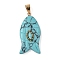 Synthetic Turquoise Carved Pendants, Fish Charms with Brass Bails, Golden, 35x17.5x7.5~8mm, Hole: 4.3x6.5mm