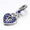 Large Hole Heart Lock Alloy Rhinestone European Dangle Charms, Antique Silver, Sapphire, 25mm, Hole: 5mm
